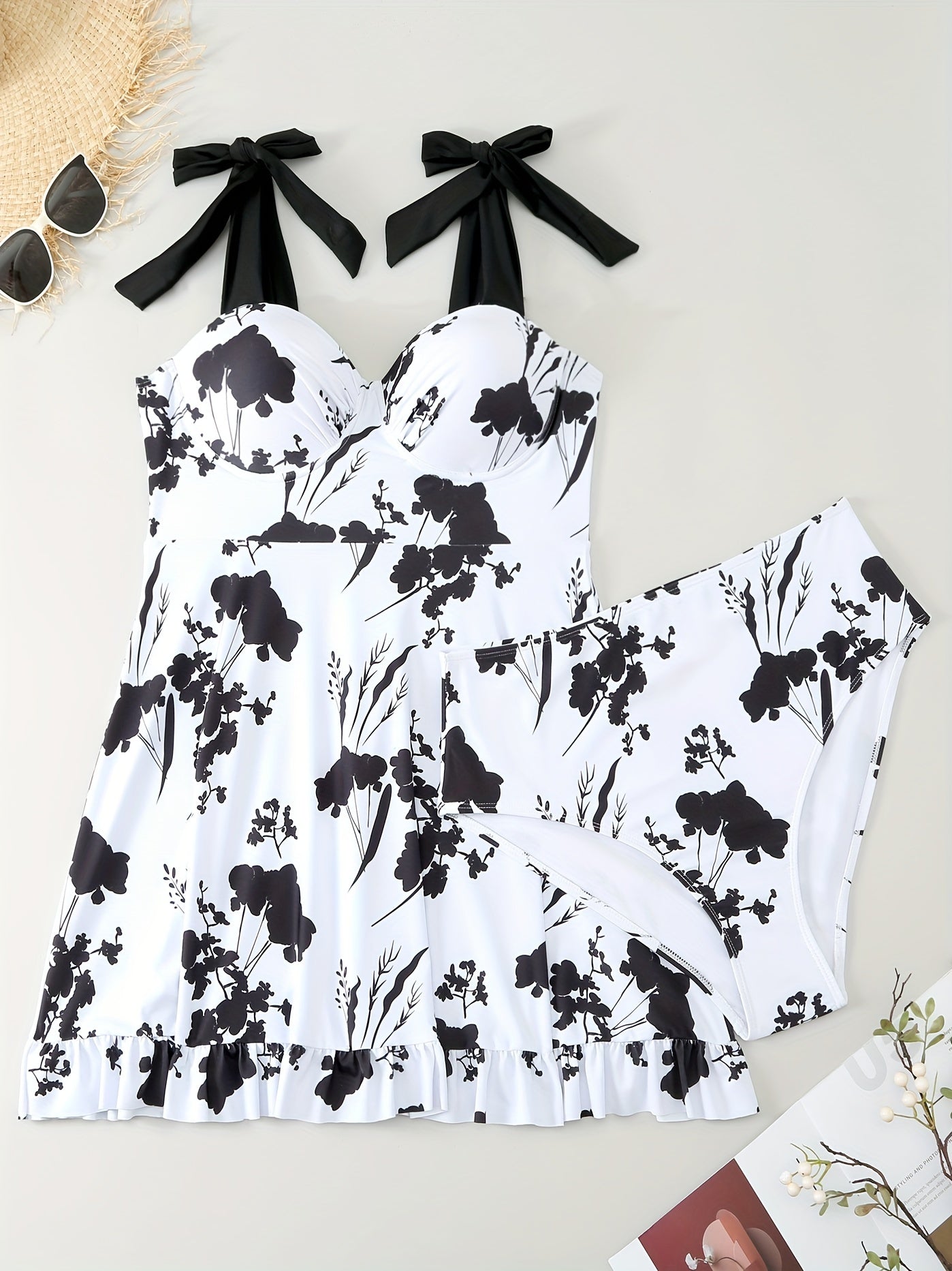  Floral Print Tankini Set Tie Shoulder Top & Underwear Two Piece Set