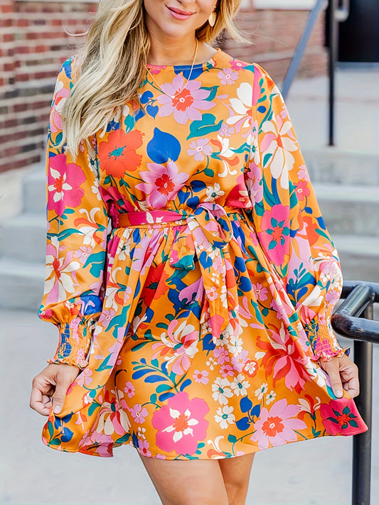  Women's Floral Print Lantern Sleeve Round Neck Dress