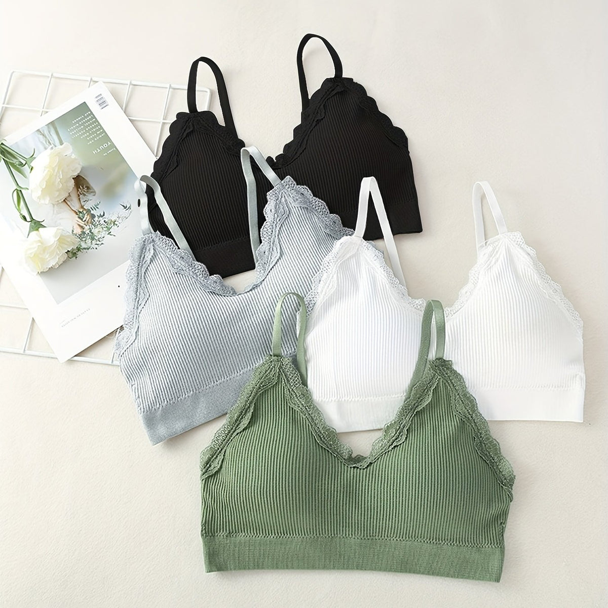 4pcs Girl's Lace Decor Ribbed Underwear Bralette For Teens 12-18 Years