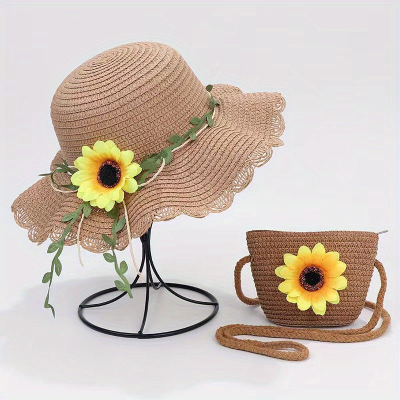Girls Ruffled Straw Hat & Crossbody Bag Set with Sunflower Decoration