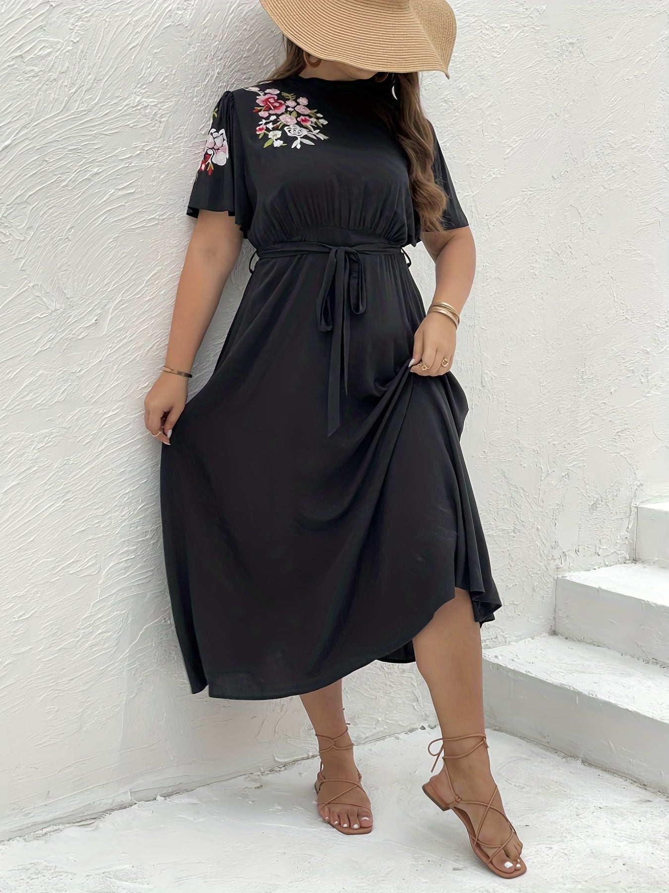  Floral Embroidered Short Sleeve Dress With Cut Out Tie Back