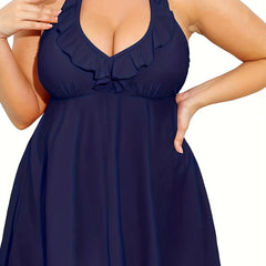  Solid Ruffle Trim Tankini Set V Neck Halter Top & Panty Swimsuit
