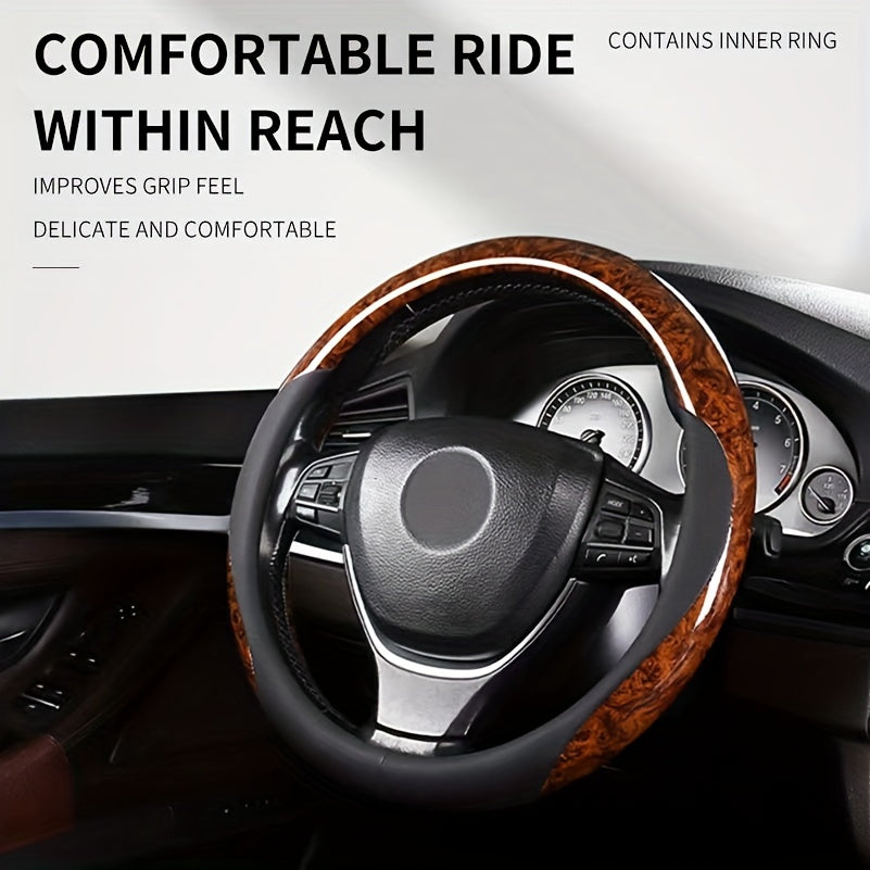 Wood Grain Steering Wheel Cover for 37-38 cm, Non-slip Protector