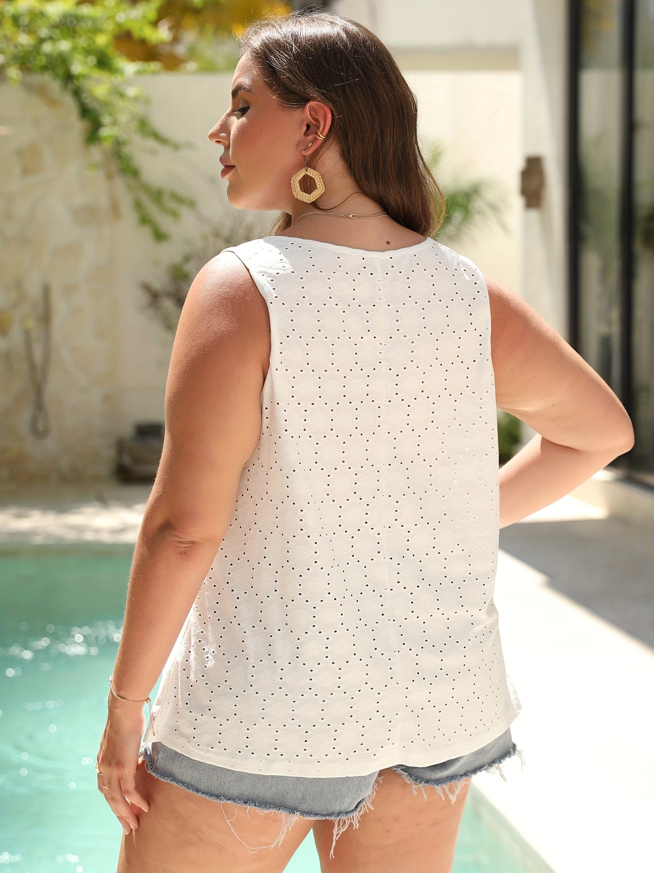  Eyelet Embroidered Tassel Round Neck Tank Top