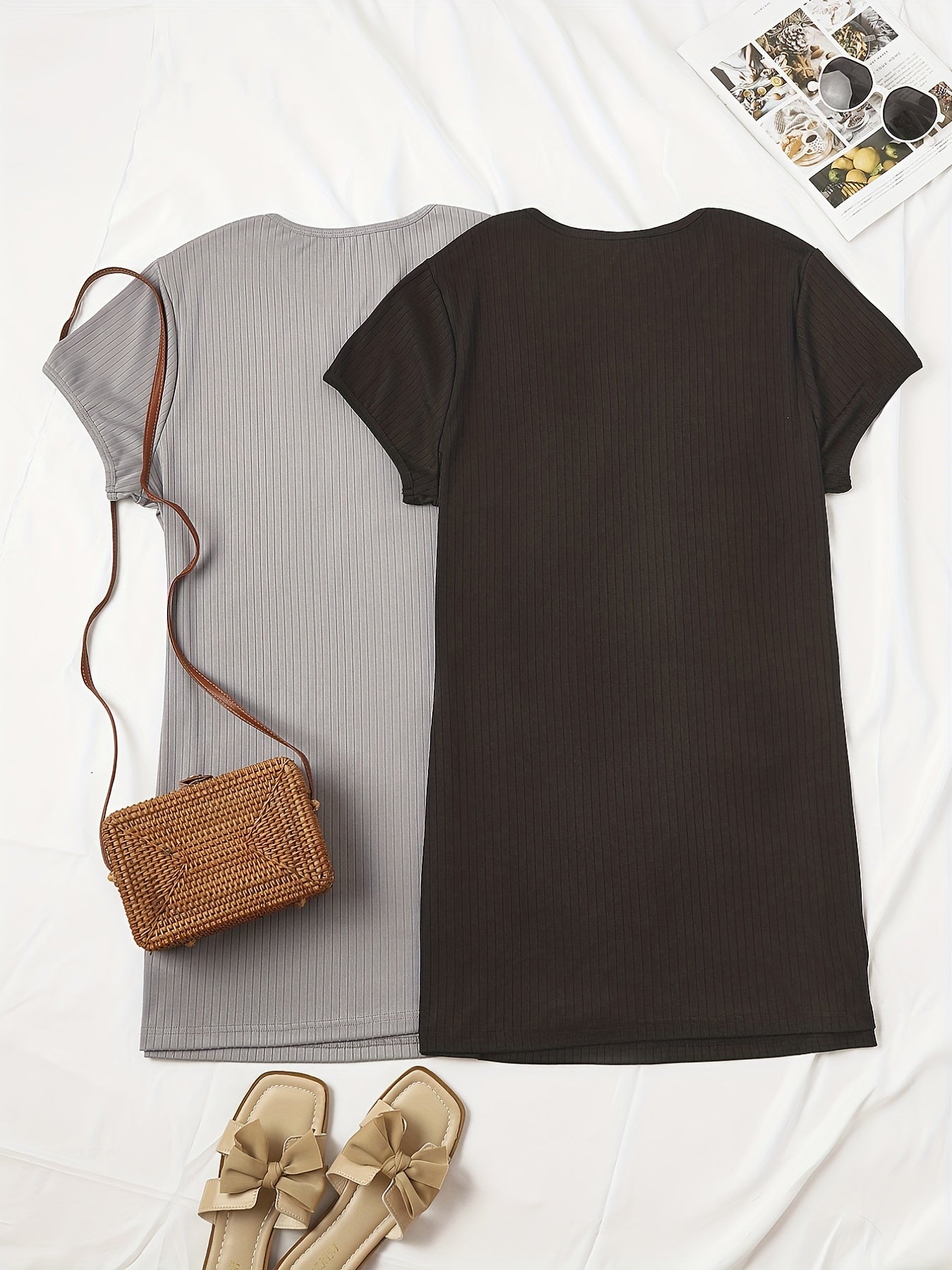 2 Pack Women's Plus Casual Tee Dress Set Solid Crew Neck Short Sleeve Tee Dress