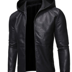 Men's PU Hooded Jacket Zip Up Faux Leather Jacket