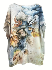  Leaf Print Long Sleeve Round Neck Mini Dress