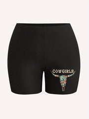 Sporty Plus Size Cow & Letter Print Slim Fit Legging Shorts