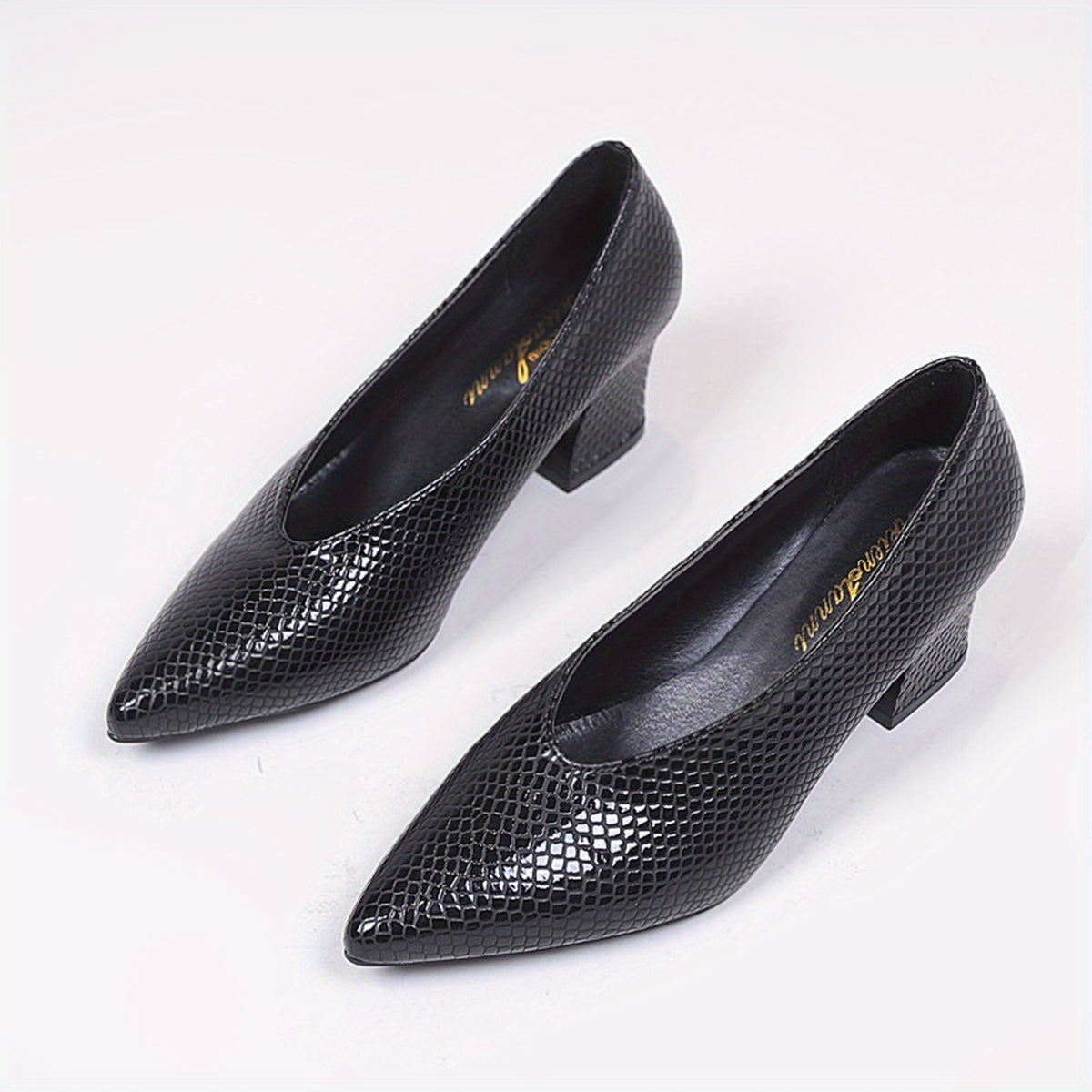 Women's Snakeskin Pattern Court Pumps Slip-On Chunky Heels