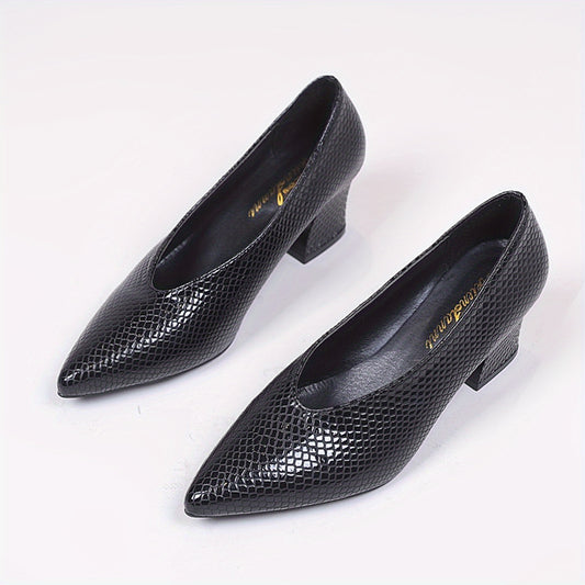 Women's Snakeskin Pattern Court Pumps Slip-On Chunky Heels