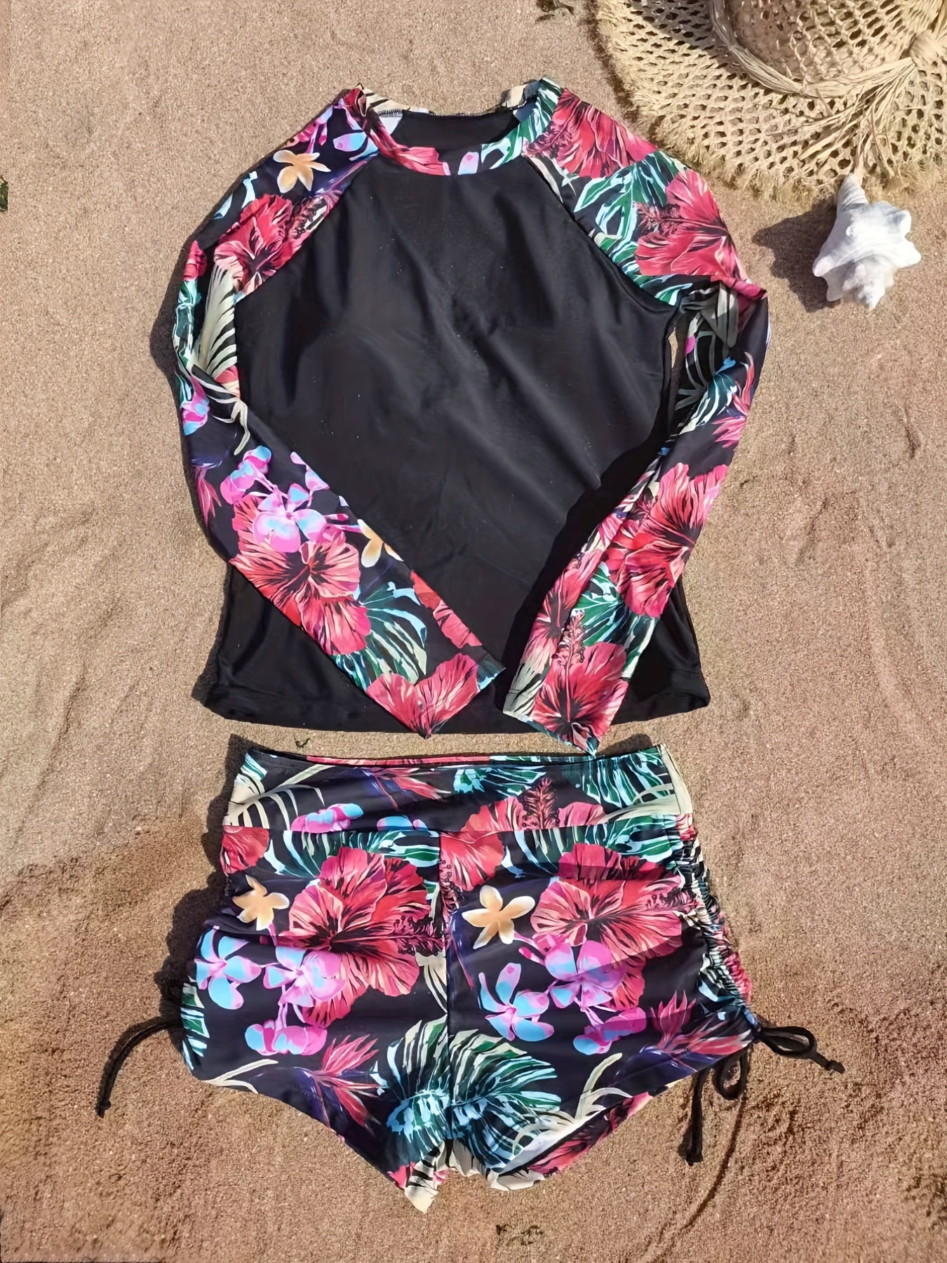 Floral Print Drawstring Swimsuit Long Sleeve Tropical Print 2 Piece Bathing Suit