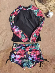 Floral Print Drawstring Swimsuit Long Sleeve Tropical Print 2 Piece Bathing Suit