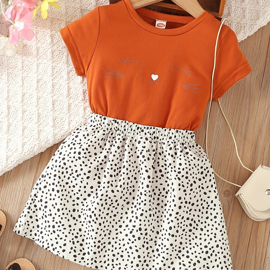 2pcs Toddler Girls Cat Graphic T Shirt & Skirt Set