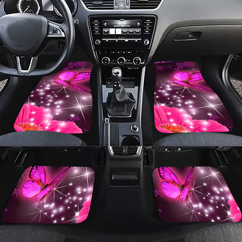4pcs Pink Butterfly Car Floor Mats - Non-slip Stain Resistant Mats