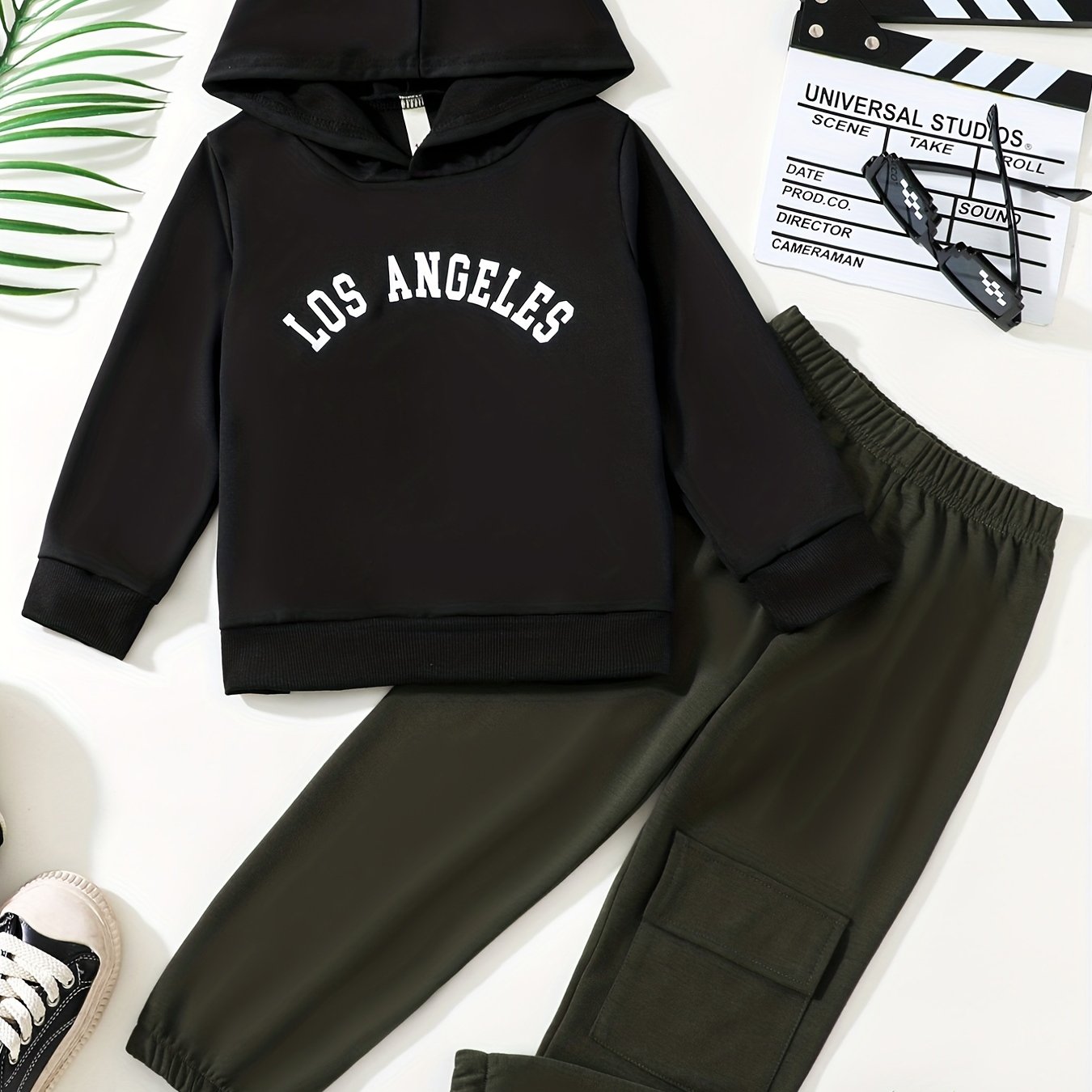 LA Boy's Hoodie & Cargo Pants Set Street Style Outfit
