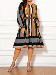Women's Plus Colorblock Dot & Geometric Print Dress With Lantern Sleeves