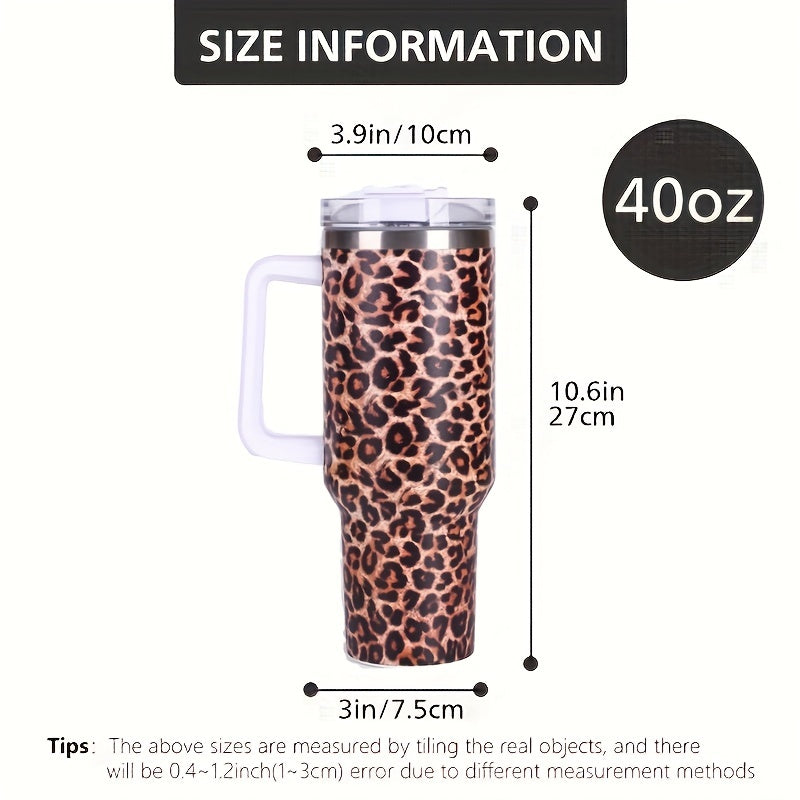 40oz Insulated Tumbler Leopard/Cow Print Stainless Steel Handle Straw Lid