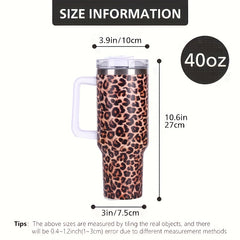 40oz Insulated Tumbler Leopard/Cow Print Stainless Steel Handle Straw Lid