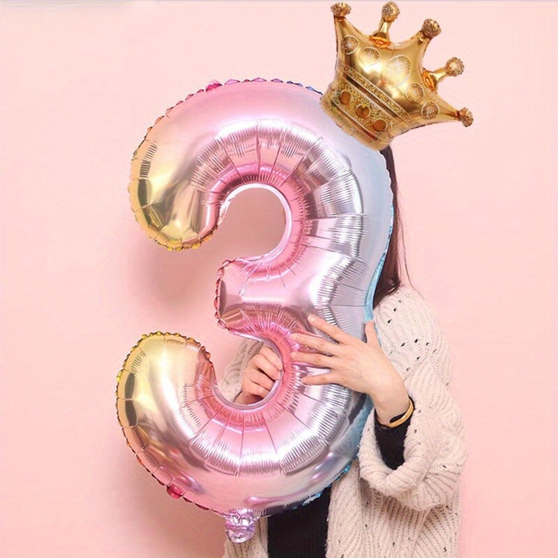 2pcs 32in Foil Gradient Number Balloons + Crown Balloon Set - Party Decor