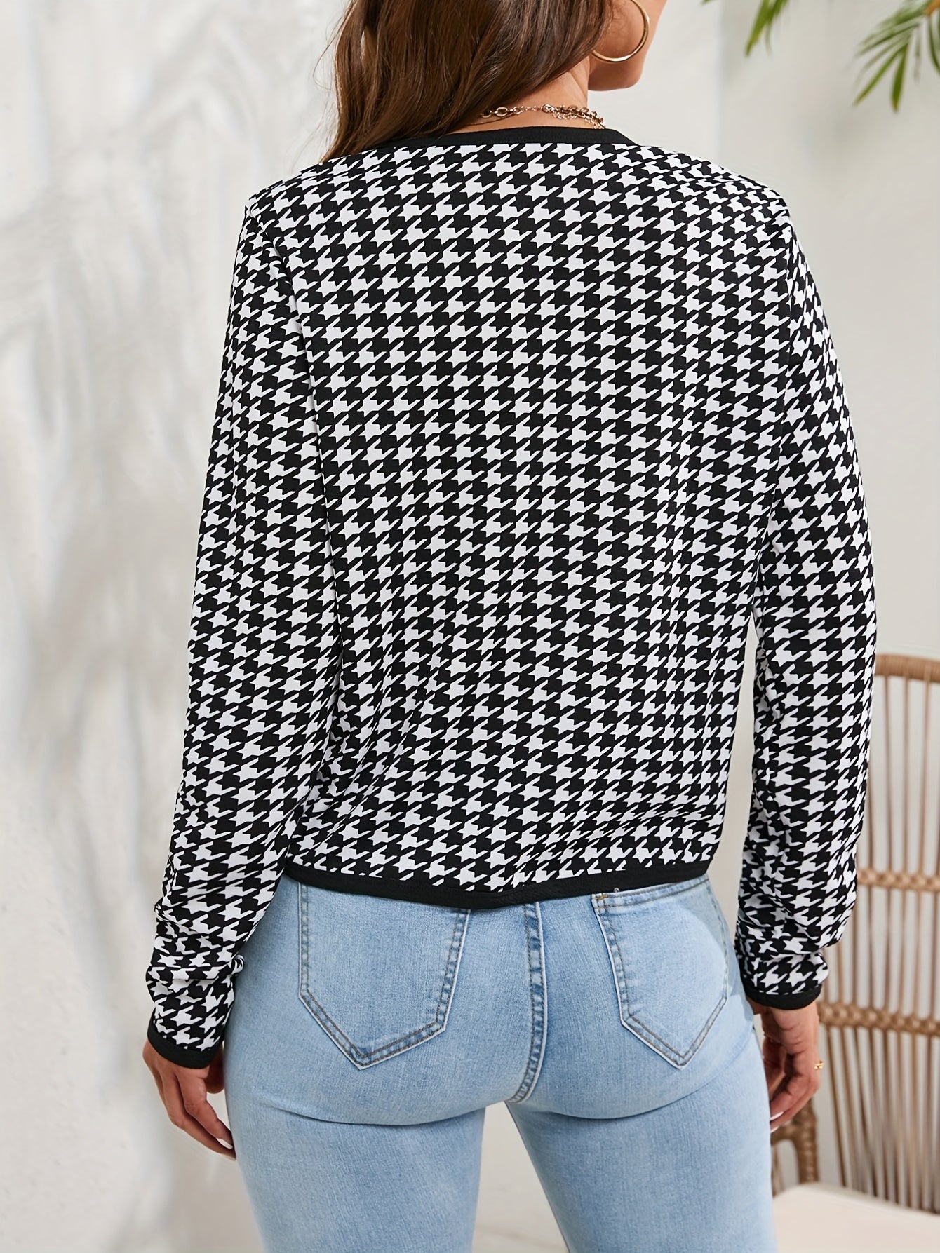 Houndstooth Print Jacket Crew Neck