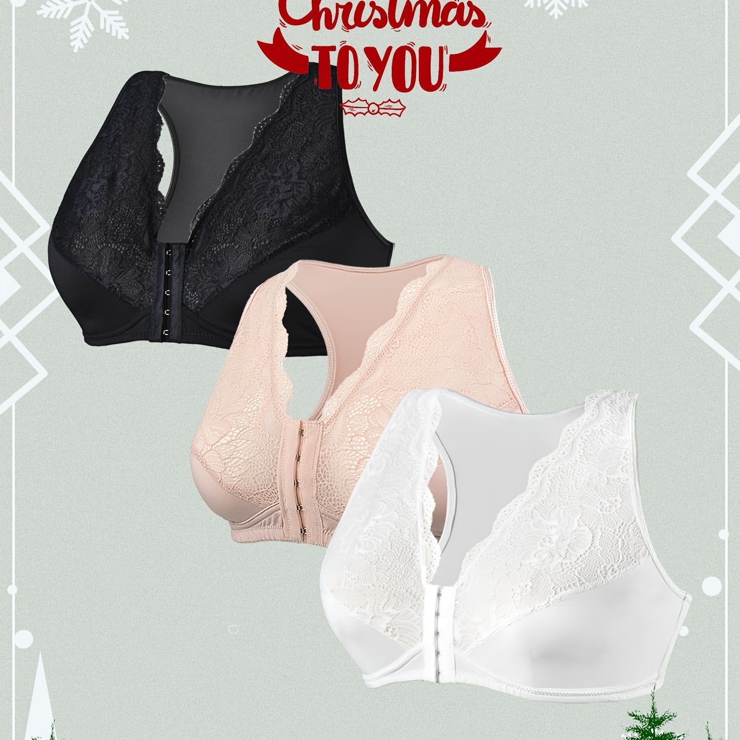 3 Pack Plus Size Front Closure Racer Back Lace Bra Set