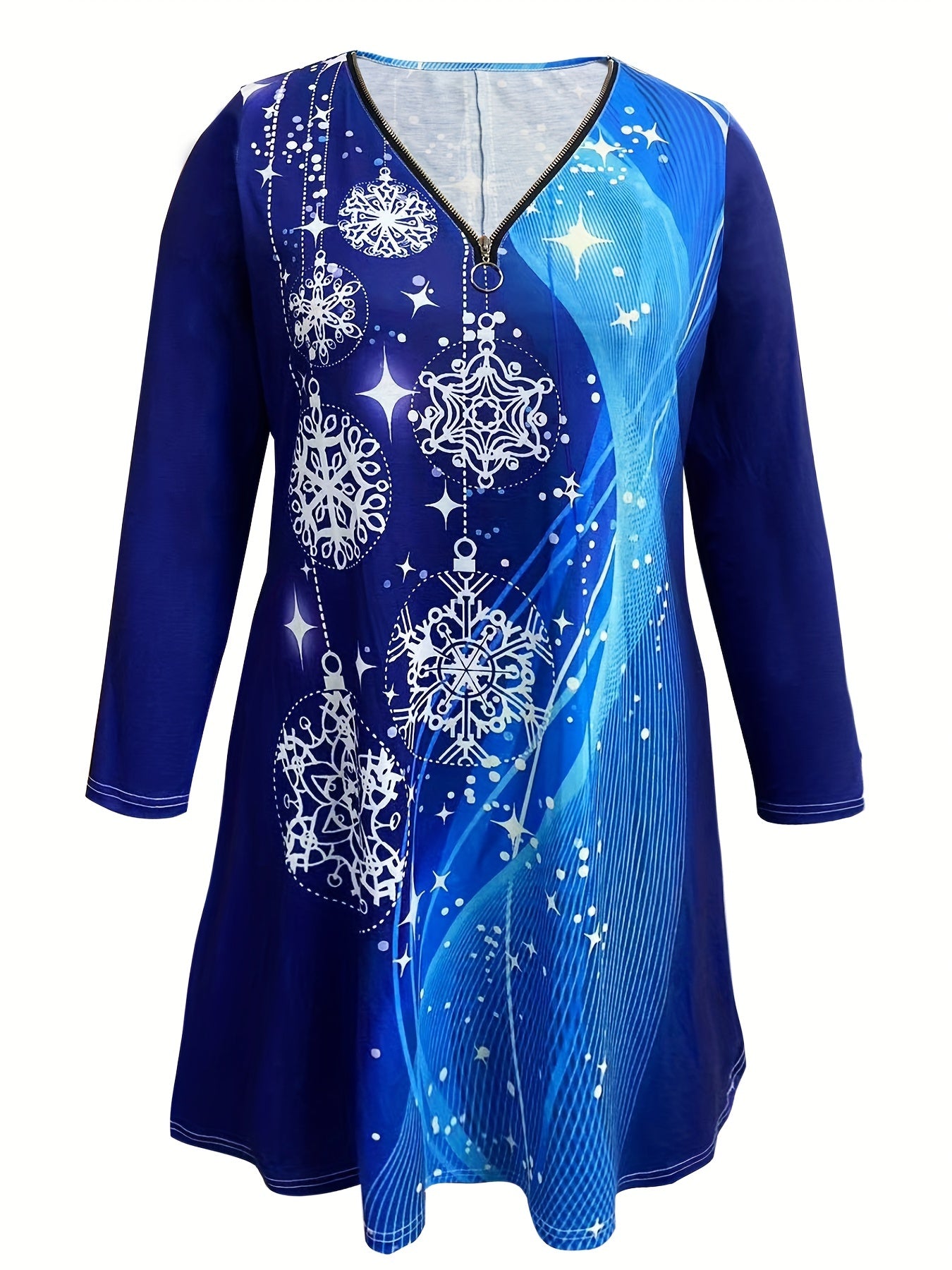  Snowflake & Stripe Print Long Sleeve Dress