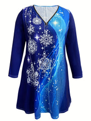  Snowflake & Stripe Print Long Sleeve Dress