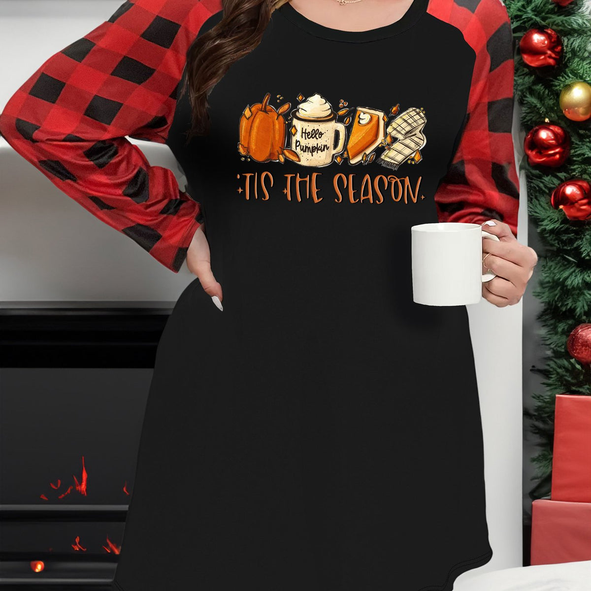  Pumpkin & Cake Graphic Plaid Raglan Sleeve Lounge Dress