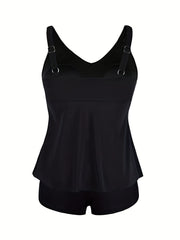 Plus Size Tankini Set Cross Front V Neck Cami Top & Shorts Swimsuit