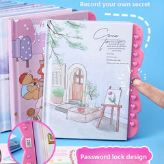 Lockable Password Notebook for Students with Cartoon & Pink Accents
