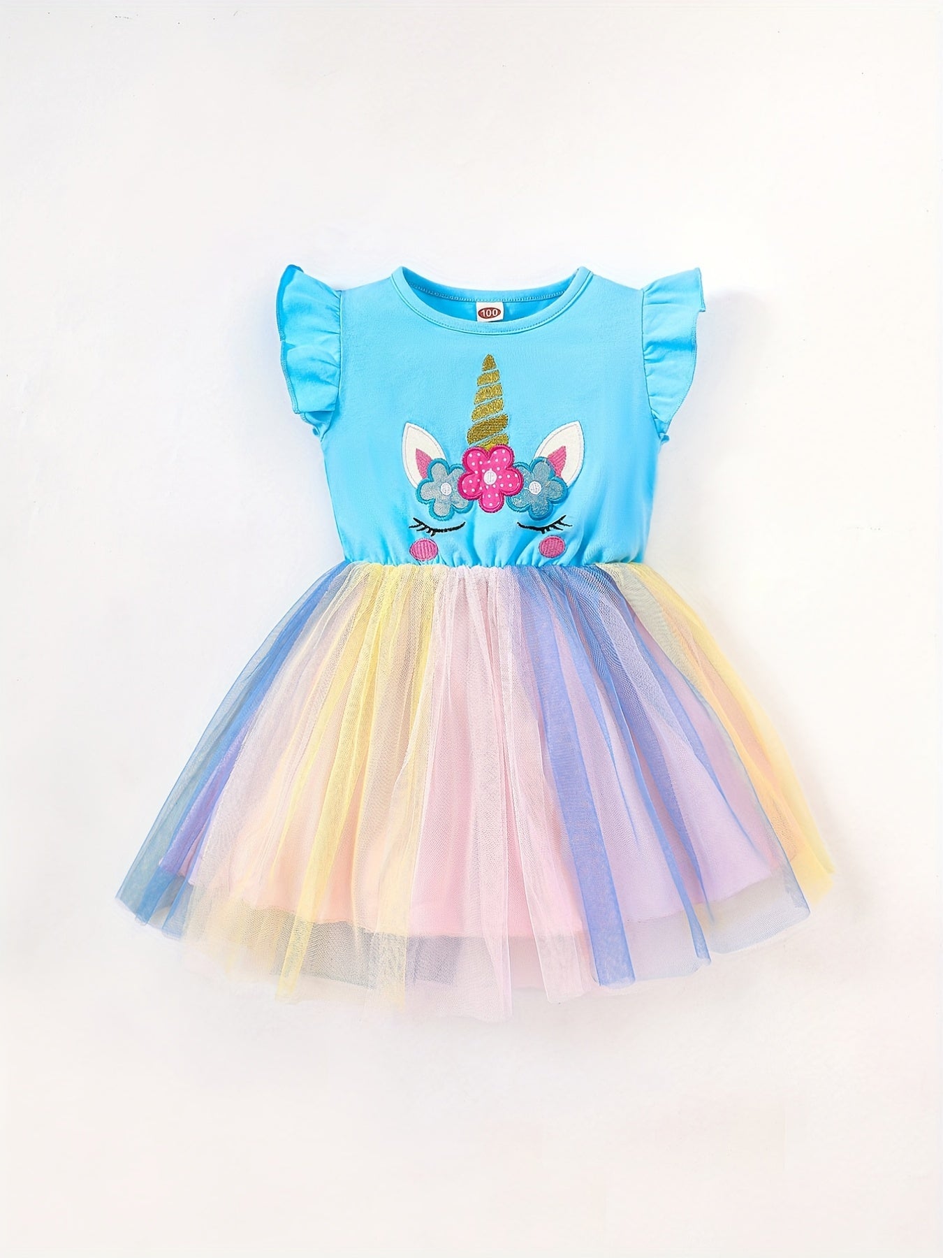Toddler Girls Unicorn Embroidery Mesh Dress