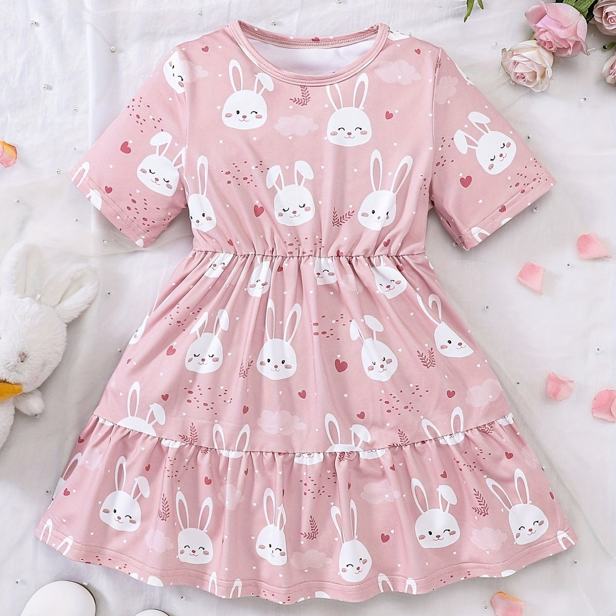 Girls' Bunny Ruffle A-Line Dress Short Sleeve Pullover