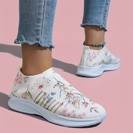 Floral Pattern Knit Sock Sneakers Lightweight Slip On Sports Shoes