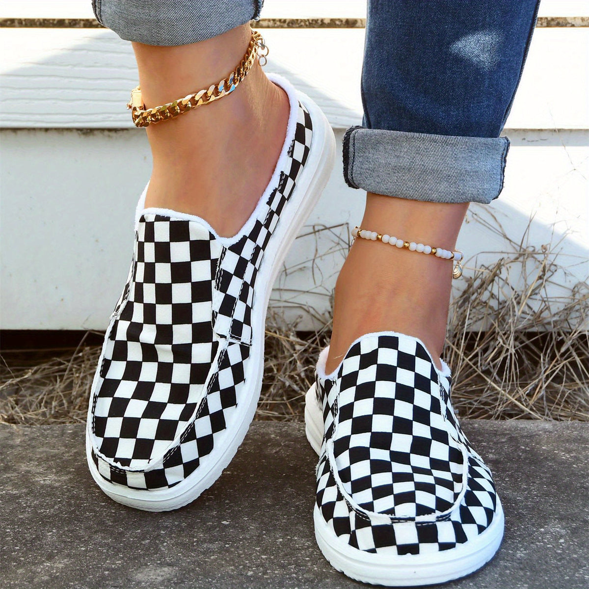 Women's Checkerboard Pattern Mules Slip On Platform Flat Shoes