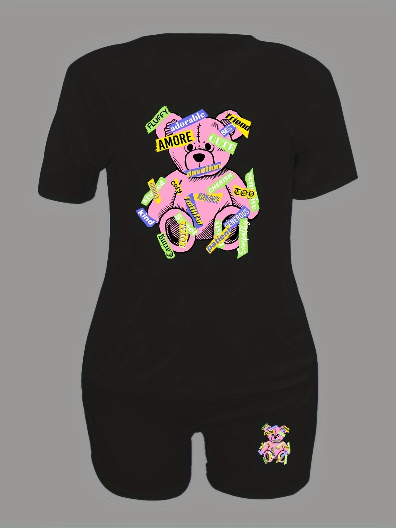 Letter & Bear Print Matching Set Short Sleeve T shirt & Biker S