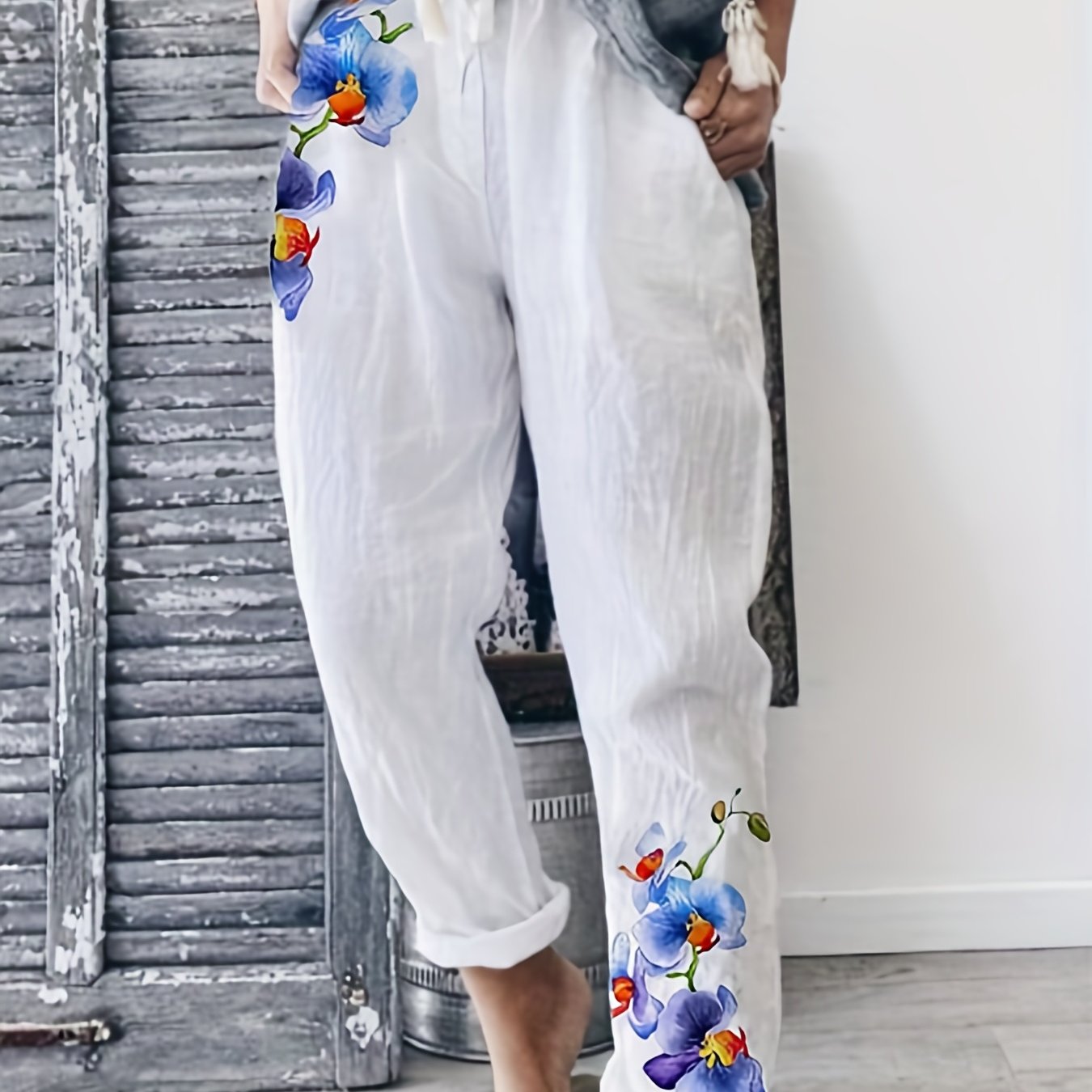  Floral Print Elastic Trousers Pockets