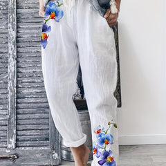  Floral Print Elastic Trousers Pockets