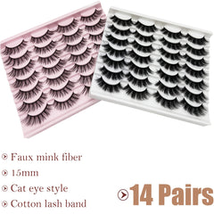 14 Pairs Fluffy False Eyelashes 15mm Long Dramatic Faux Mink Strip 3D Lashes