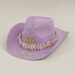 Rhinestone Bride Cowboy Hat Faux Pearl Lace Hatband Decor Straw Jazz Hat