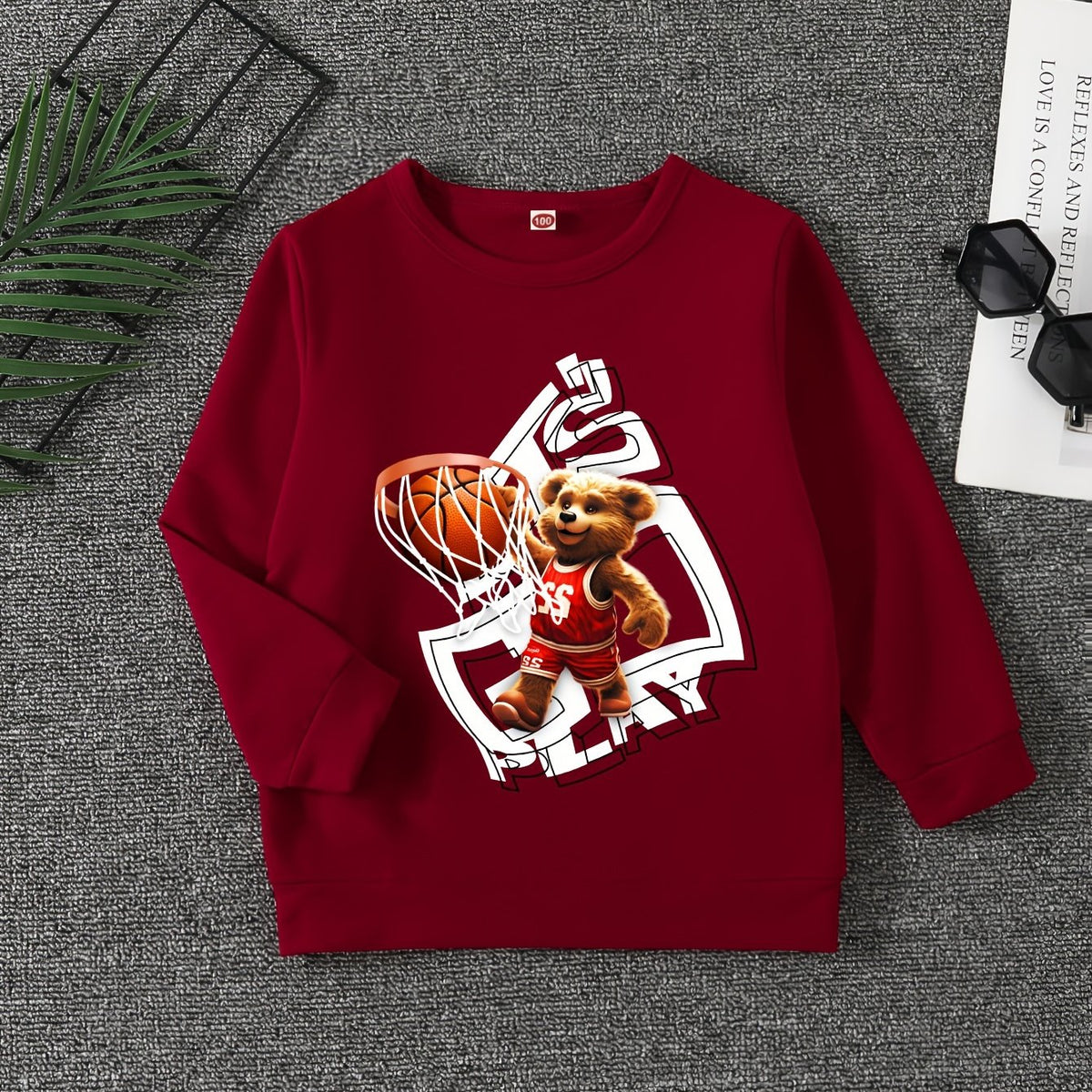 Bear Basketball Print Boys Sweatshirt Long Sleeve Crew Neck Tops
