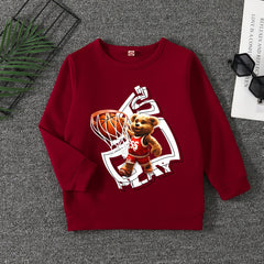 Bear Basketball Print Boys Sweatshirt Long Sleeve Crew Neck Tops