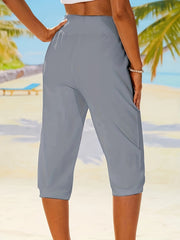 Solid Button Decor Capris Pants High Waist Cropped Pants