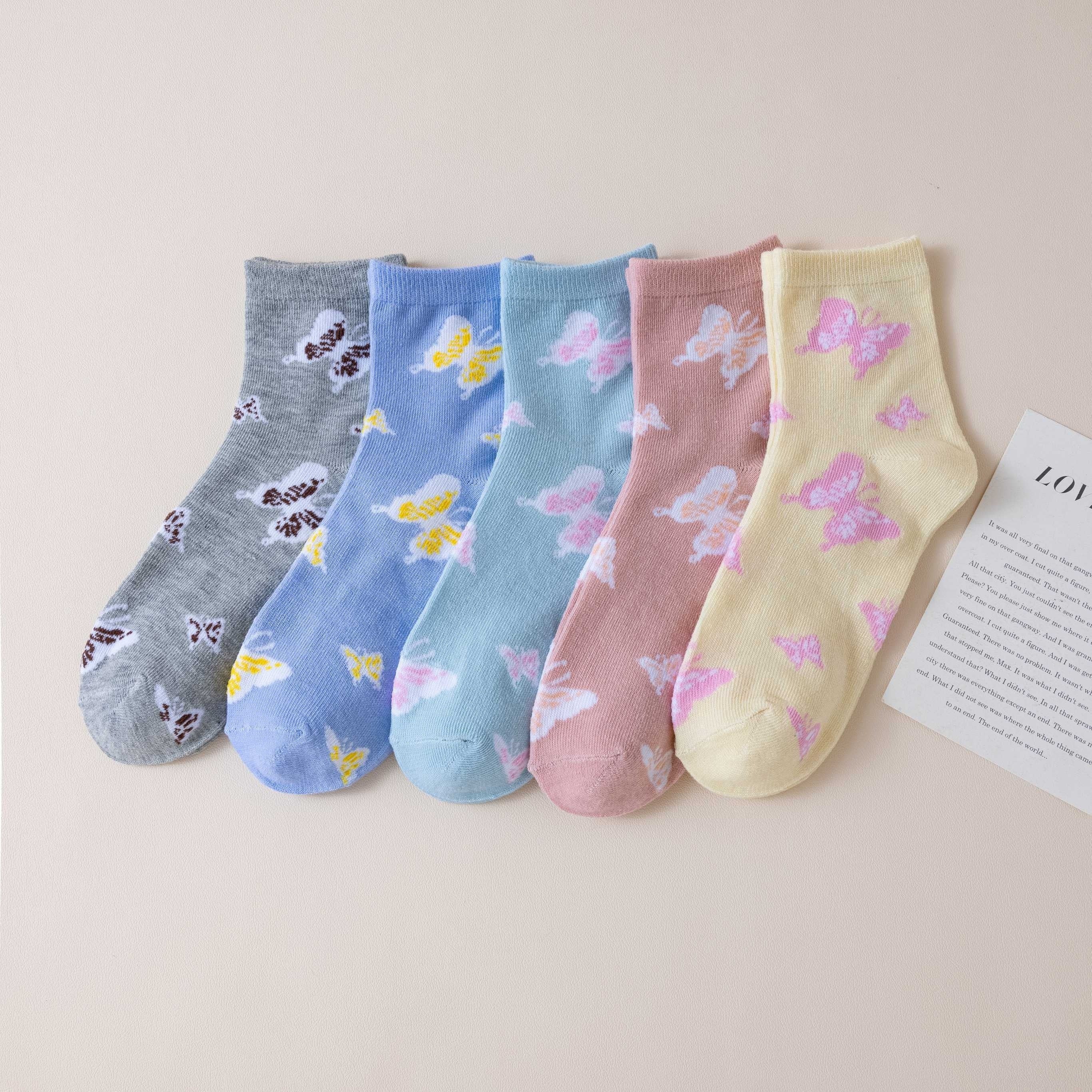 6 Pairs Butterfly Print Socks Comfy & Breathable Mid Tube Women's Stockings