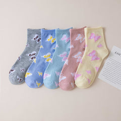 6 Pairs Butterfly Print Socks Comfy & Breathable Mid Tube Women's Stockings