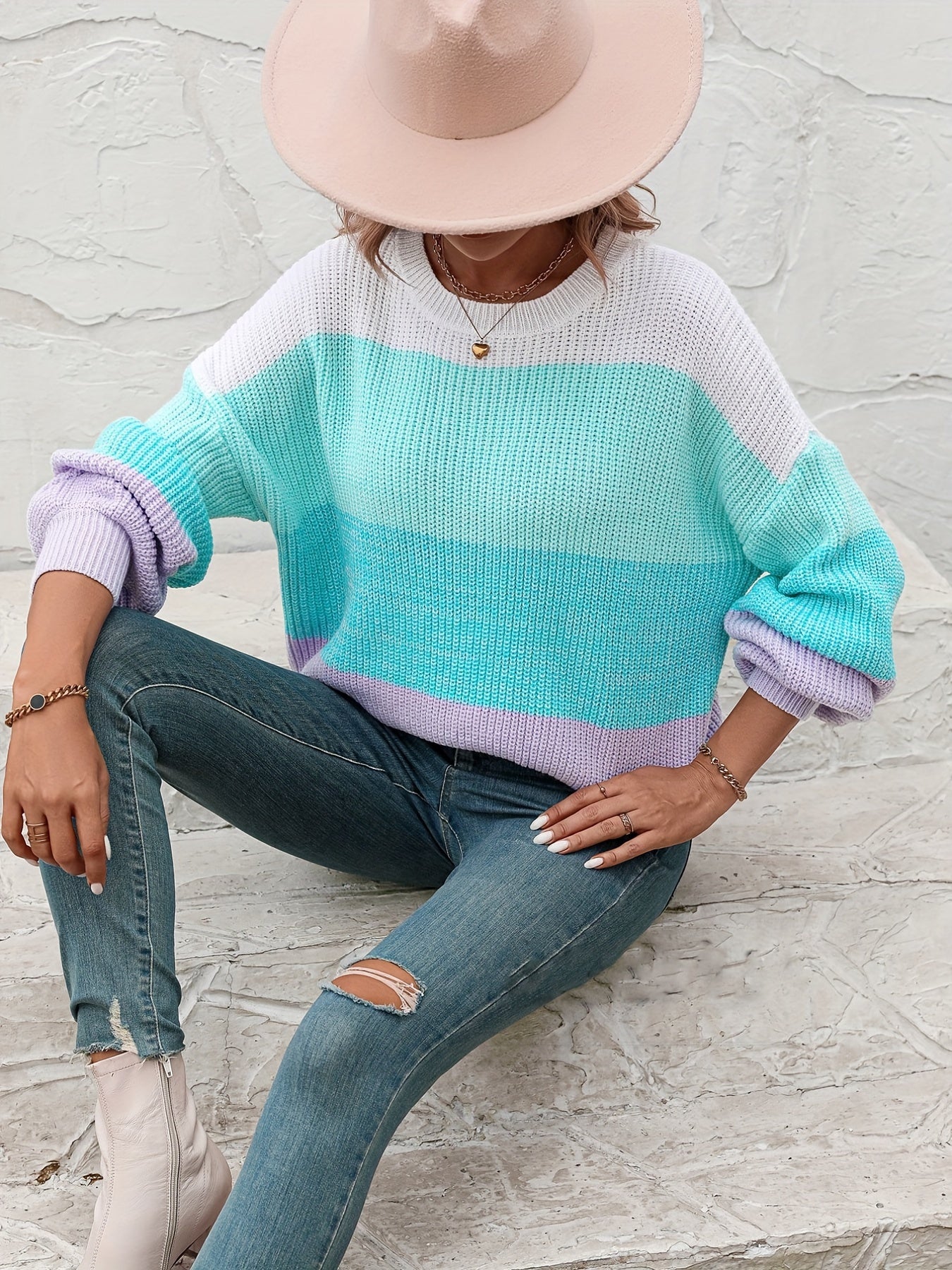  Colorblock Lantern Sleeve Round Neck Sweater