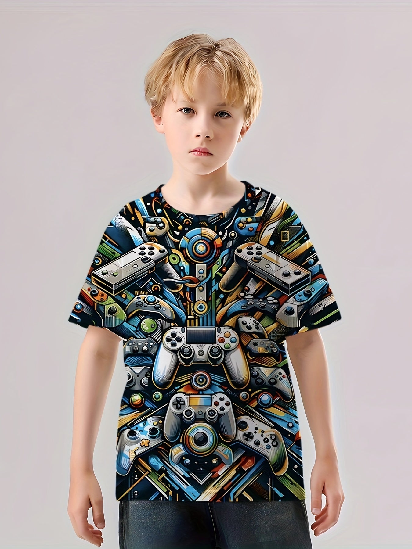 Gamepad 3D Print Boy's Casual Tee Short Sleeve Crew Neck T-shirt Kids