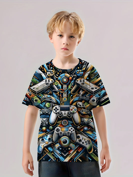 Gamepad 3D Print Boy's Casual Tee Short Sleeve Crew Neck T-shirt Kids