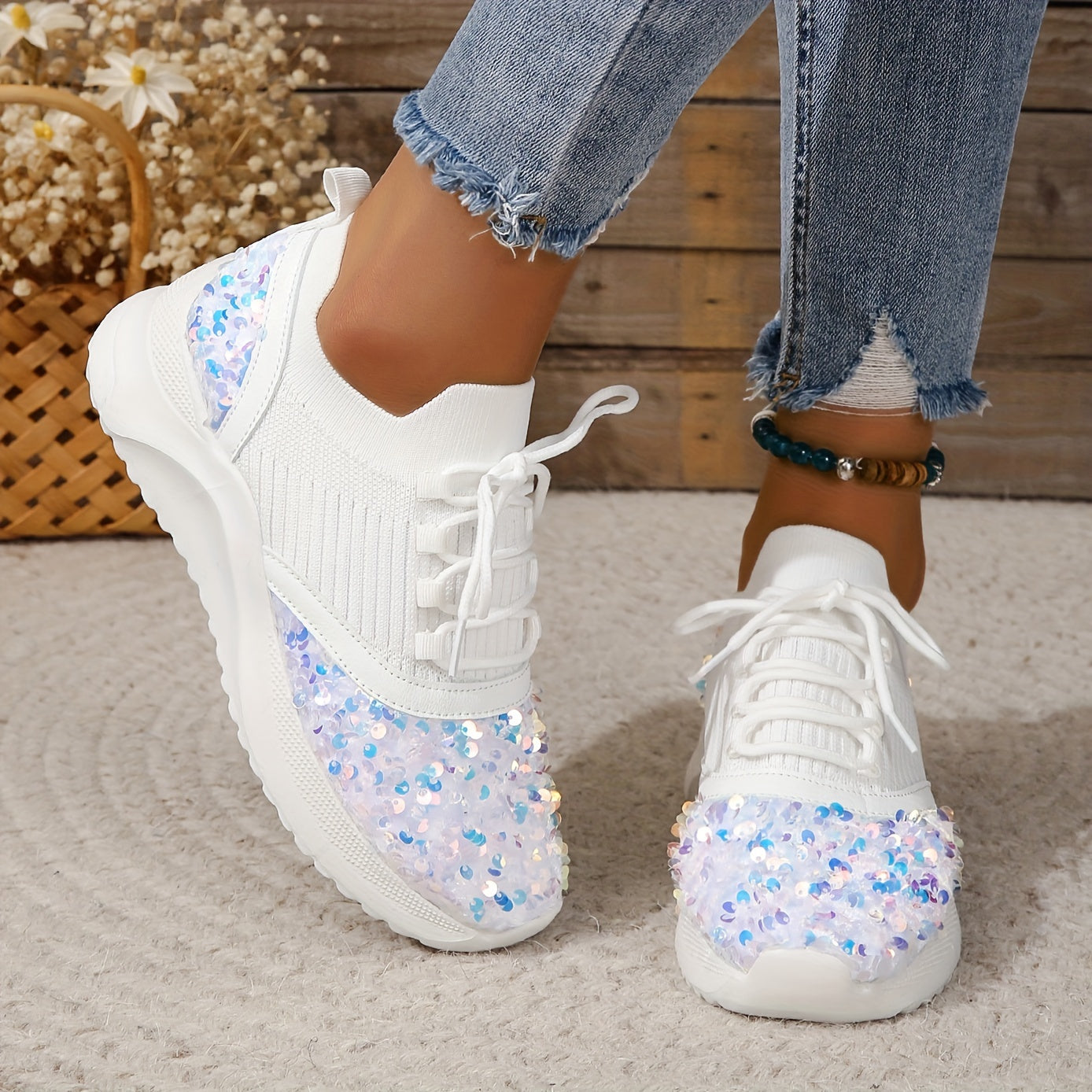 Glitter Sequins Lace Up Sneakers Platform Shoes Lightweight Running Shoes