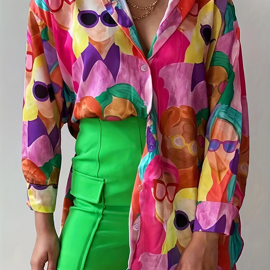  Cartoon Print Button Up Long Sleeve Blouse