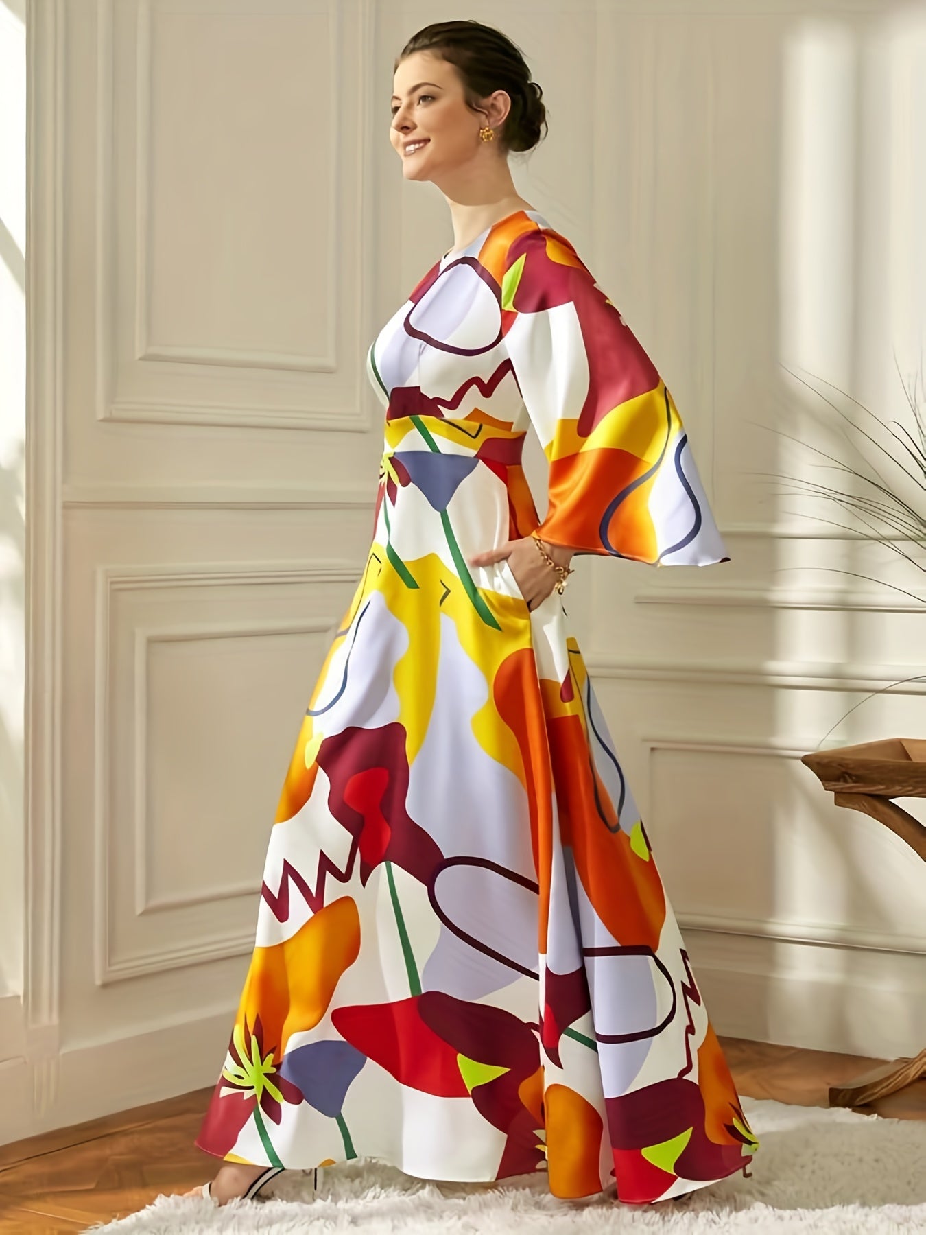  Abstract Print Maxi Dress With Pockets